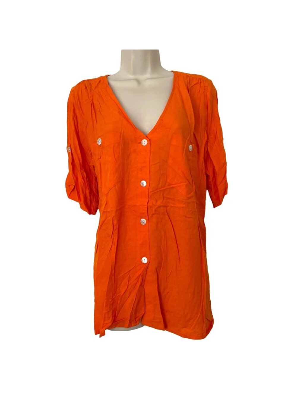Escapada Shelly Tunic Top Womens Tangerine Short Sleeve V Neck Button Up Size M